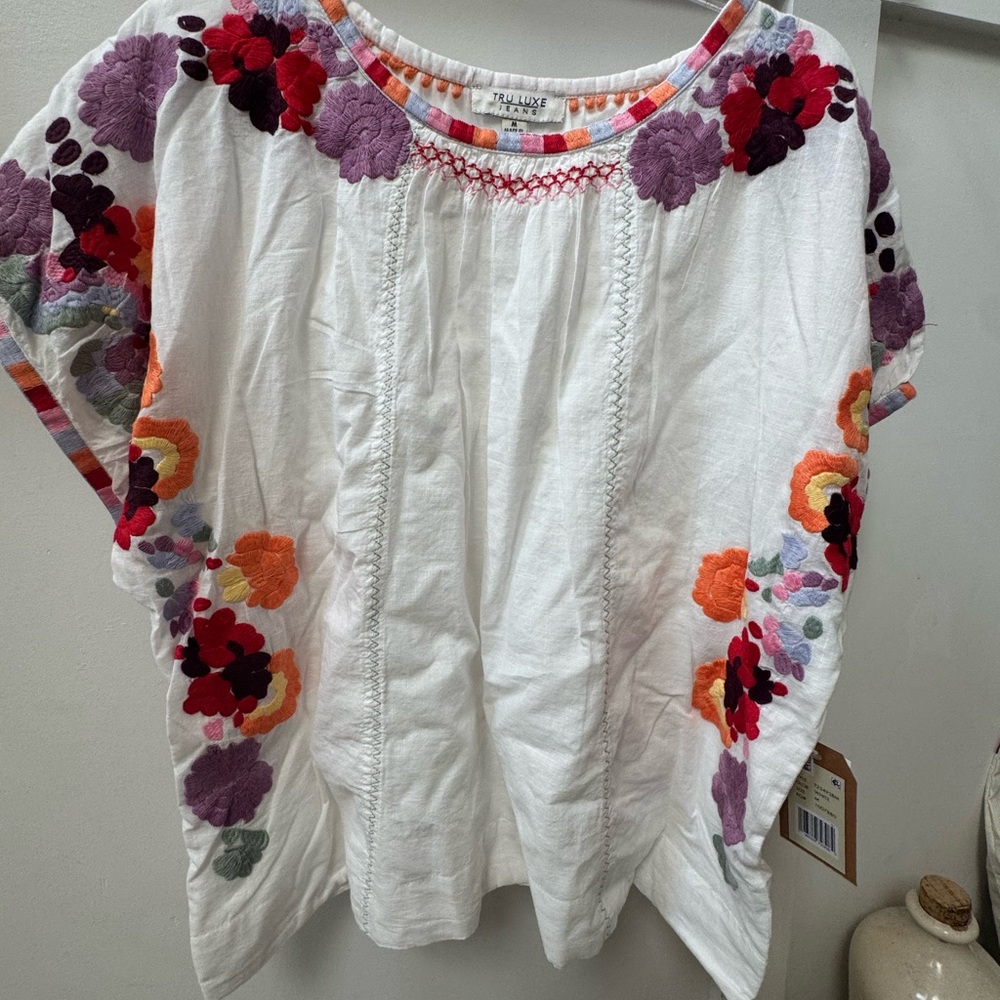 Tolani White Blouse with Purple and Orange Floral Embroidery